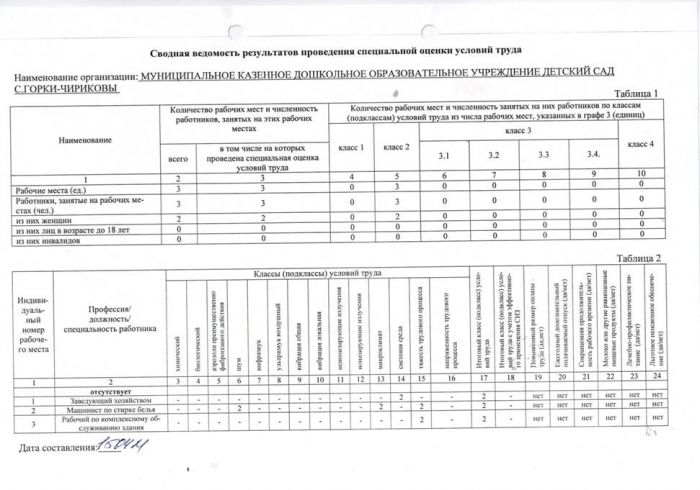 Сводная ведомость результатов проведения специальной оценки условий труда 2021